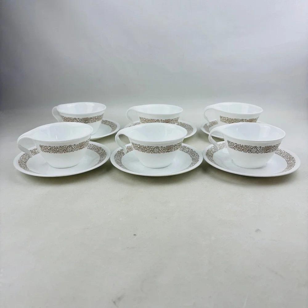 Corelle Woodland Brown 6 Flat Cup & Saucer Set Hook Handle Floral White Vintage‎